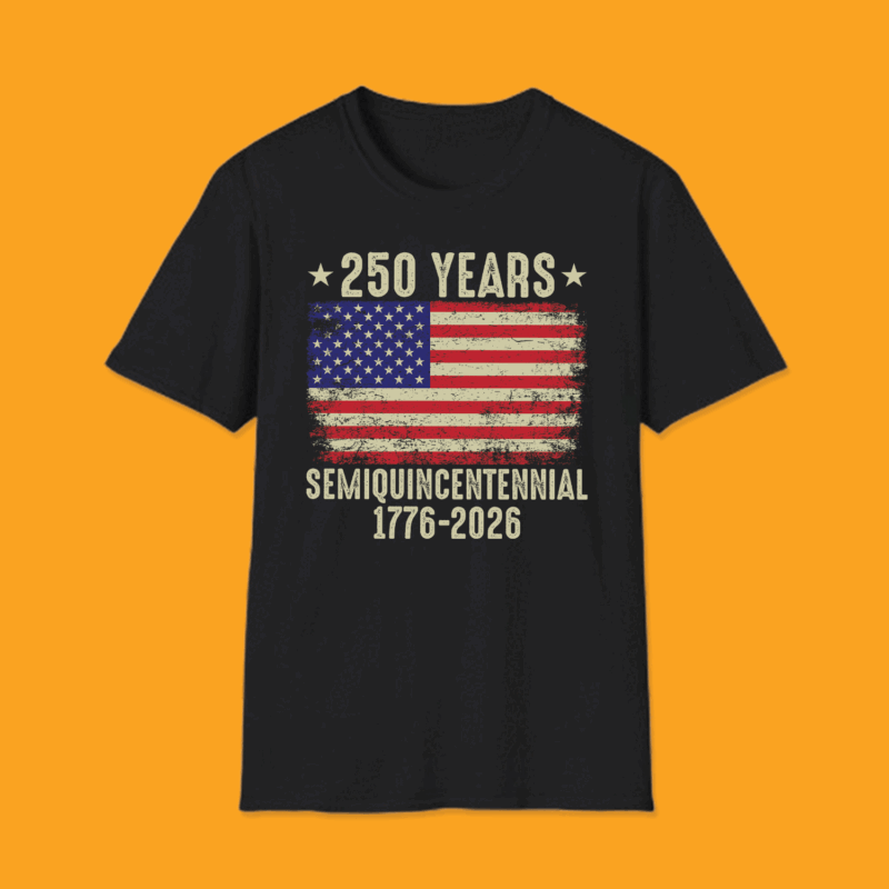 Distressed American flag T-shirt celebrating the 250th anniversary of the USA, featuring "We The People" text and 1776-2026 Semiquincentennial dates on a purple background.