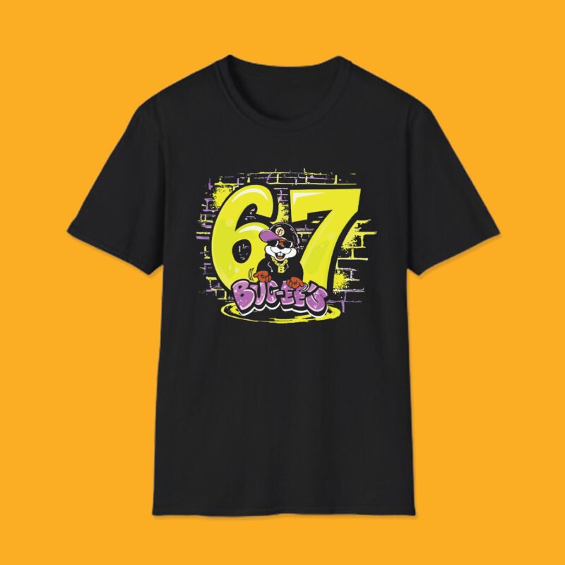 Unisex black t-shirt featuring a hip-hop style Buc-ee beaver mascot with sunglasses and a chain in front of large yellow numbers 67.