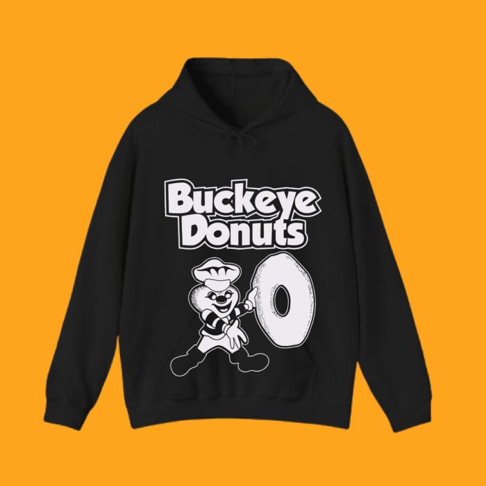 Black pullover hoodie featuring the retro Buckeye Donuts character holding a giant donut.