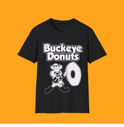 Black unisex t-shirt with white vintage Buckeye Donuts mascot and logo design.