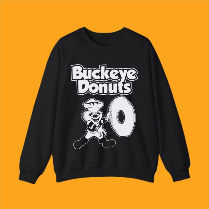 Classic black crewneck sweatshirt with 'Buckeye Donuts' campus-style graphic.
