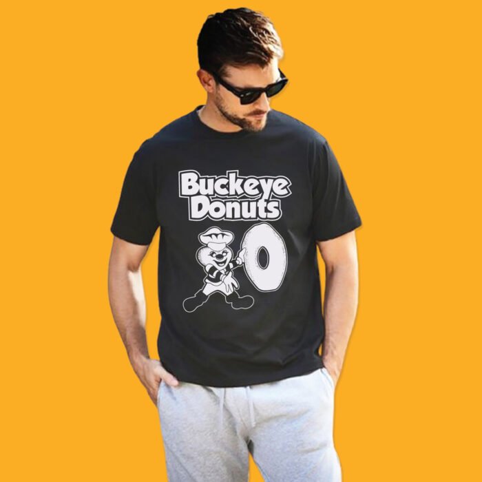 Black unisex t-shirt with white vintage Buckeye Donuts mascot and logo design.