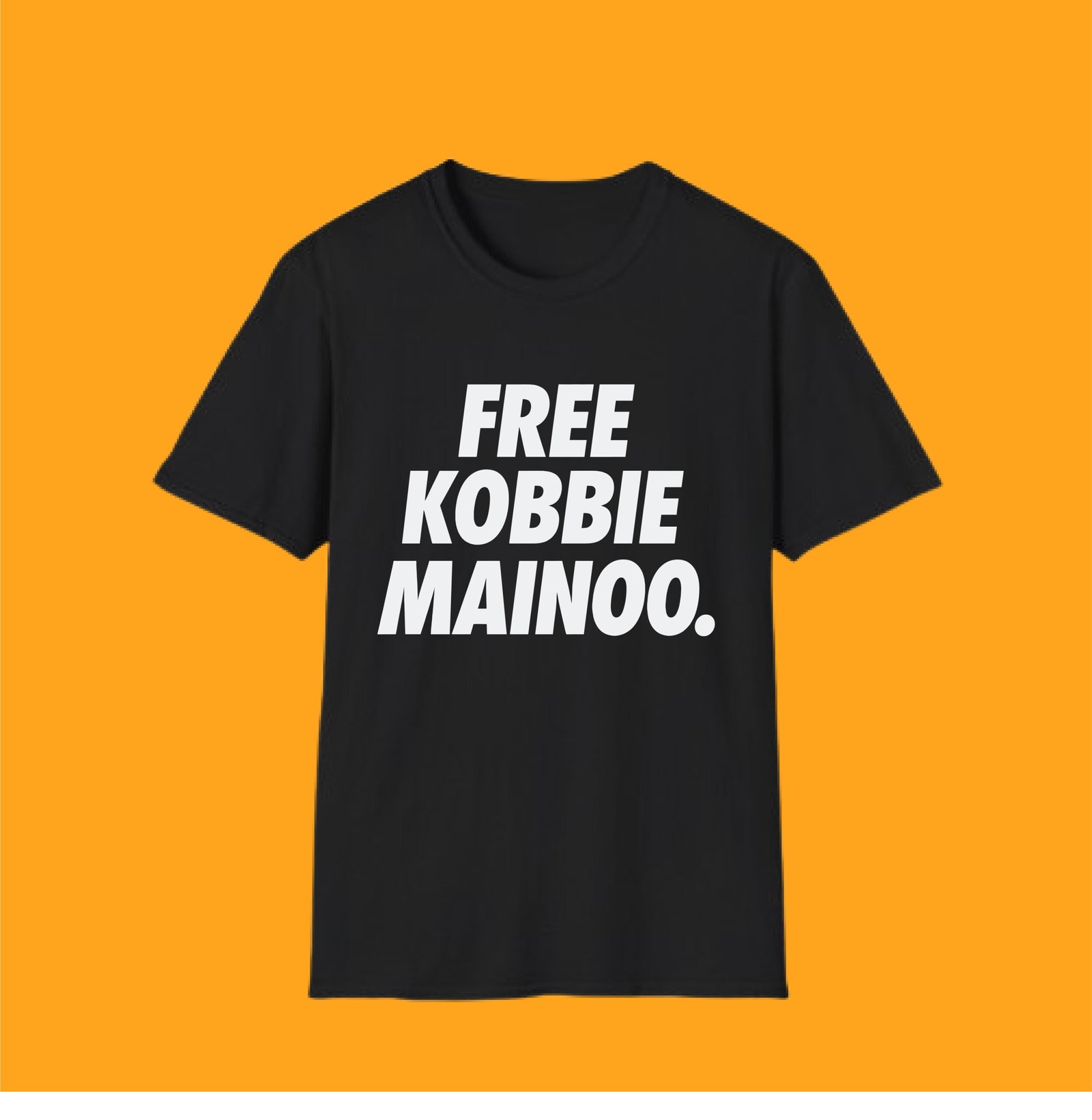 Free Kobbie Mainoo T Shirt Black unisex t-shirt featuring bold white text 'FREE KOBBIE MAINOO' on the chest.