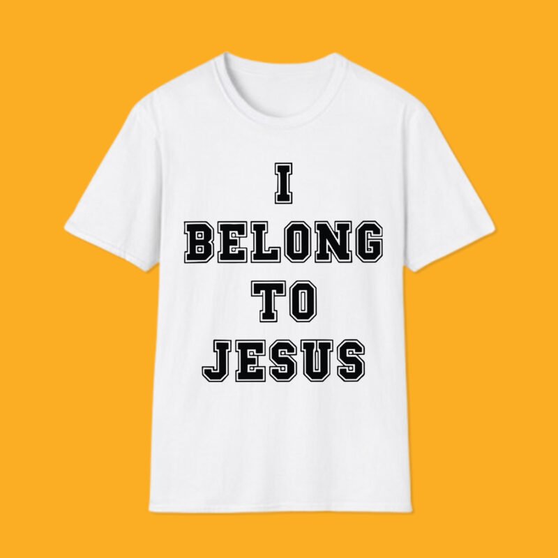 White unisex t-shirt featuring I BELONG TO JESUS text in black varsity font, inspired by Kaká.
