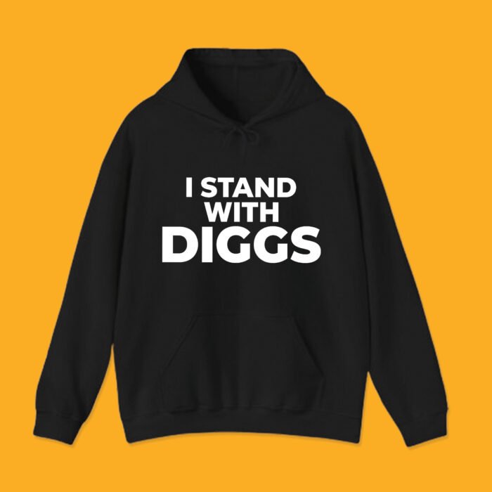 Black unisex hoodie with "I STAND WITH DIGGS" printed on the front, featuring a front pocket.