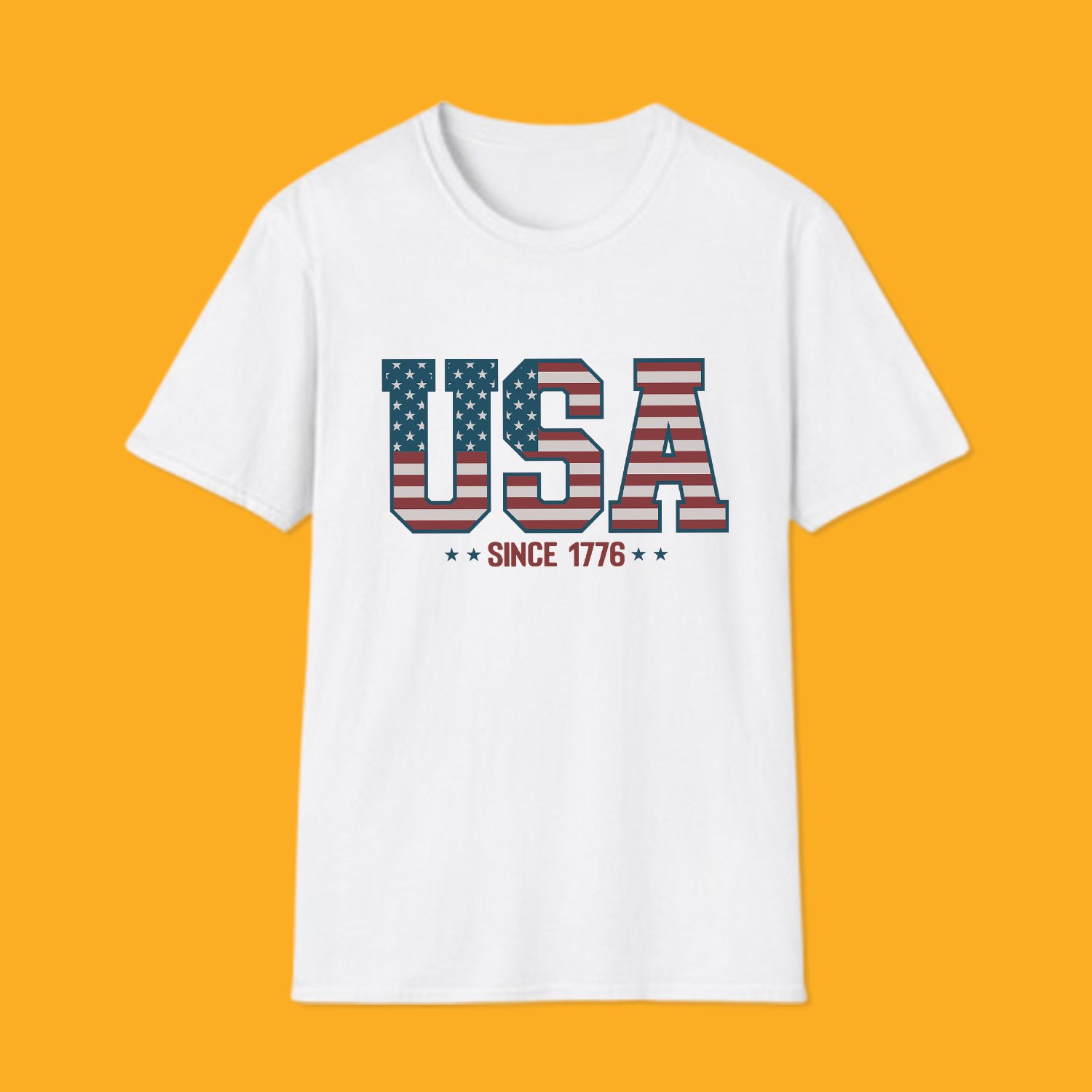 Retro USA 1776 Fourth of July T Shirt White unisex t-shirt featuring bold "USA" block lettering with an American flag pattern inside and "Since 1776" text.