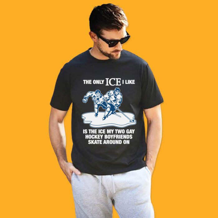 Black unisex t-shirt featuring "Two Gay Hockey Boyfriends" text and graphic.