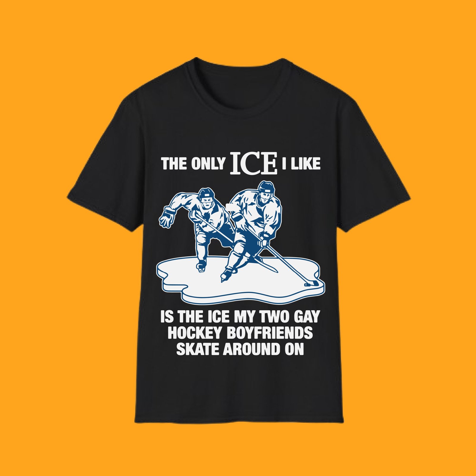 The Only Ice I Like Hockey Boyfriends T-Shirt Black unisex t-shirt featuring "Two Gay Hockey Boyfriends" text and graphic.