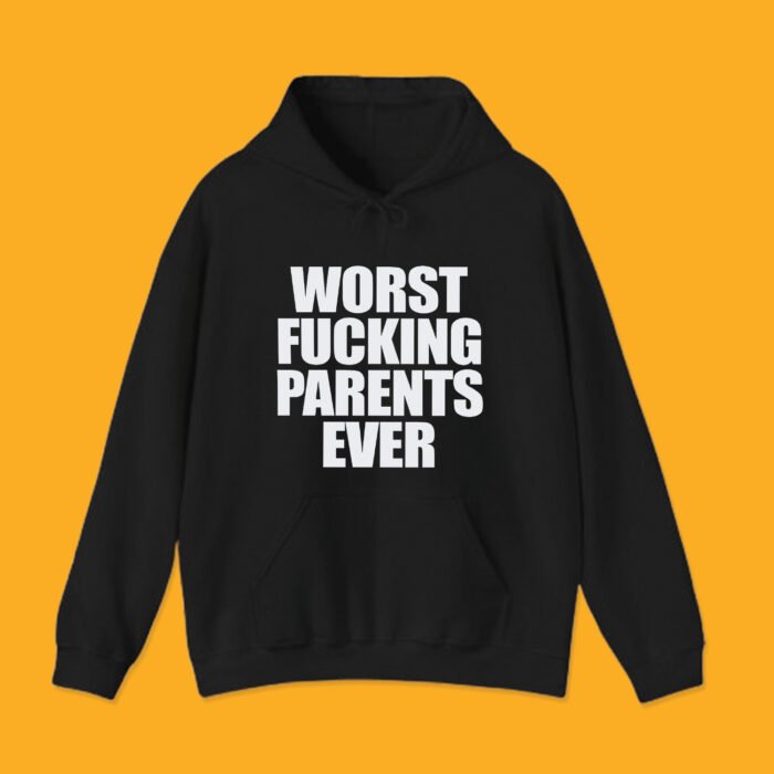 Black unisex hoodie with drawstrings and a front pouch pocket, featuring a bold white graphic print that reads "Worst Fucking Parents Ever" in a minimalist block font.