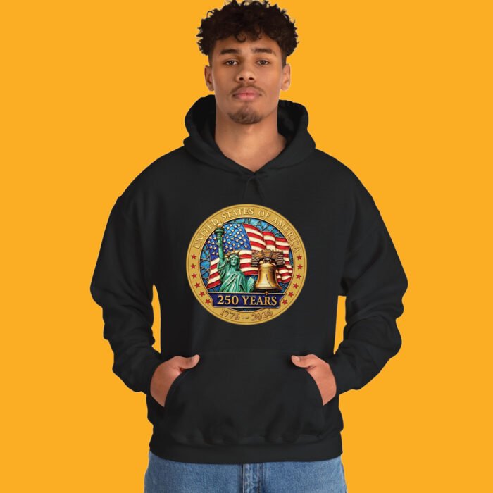 Unisex black hoodie with patriotic Semiquincentennial 250 years crest design.