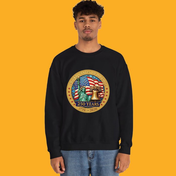 Crewneck sweatshirt displaying United States 1776-2026 commemorative badge.