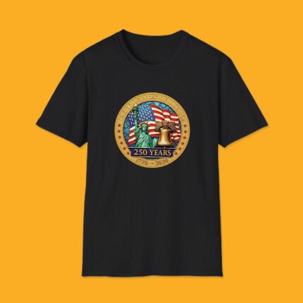 Black t-shirt featuring USA 250th Anniversary gold emblem with Statue of Liberty and Liberty Bell 1776-2026.