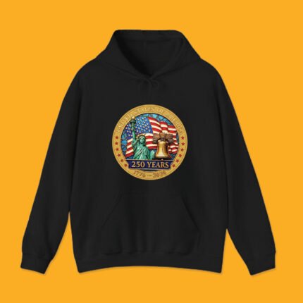 Unisex black hoodie with patriotic Semiquincentennial 250 years crest design.