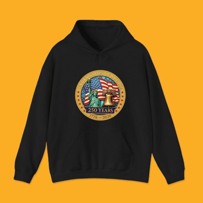 Unisex black hoodie with patriotic Semiquincentennial 250 years crest design.