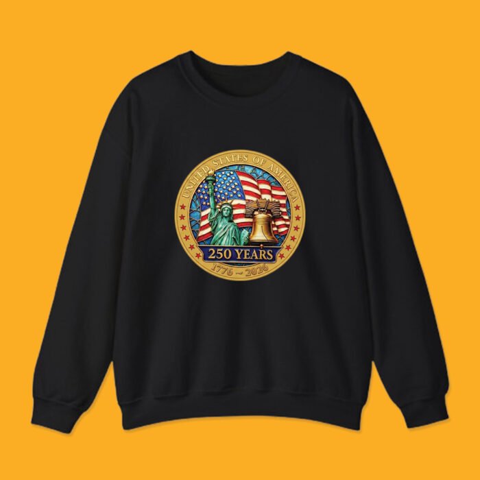 Crewneck sweatshirt displaying United States 1776-2026 commemorative badge.