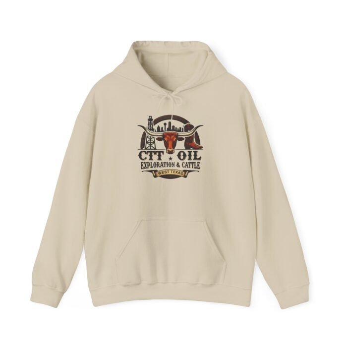 "Beige hoodie featuring CTT Oil Exploration and Cattle vintage logo, West Texas style streetwear for men and women."