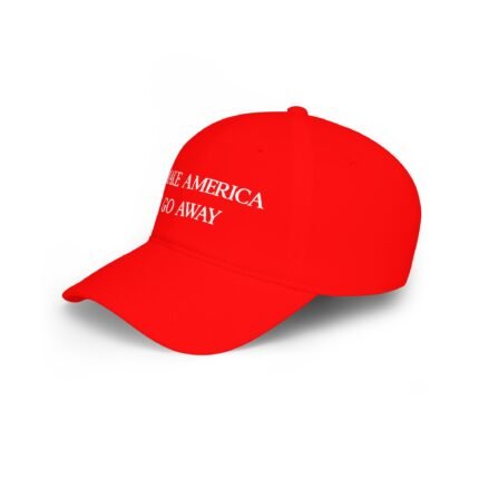 "Front view of a red baseball cap with white embroidered text reading MAKE AMERICA GO AWAY, a viral parody design related to the Greenland protests."