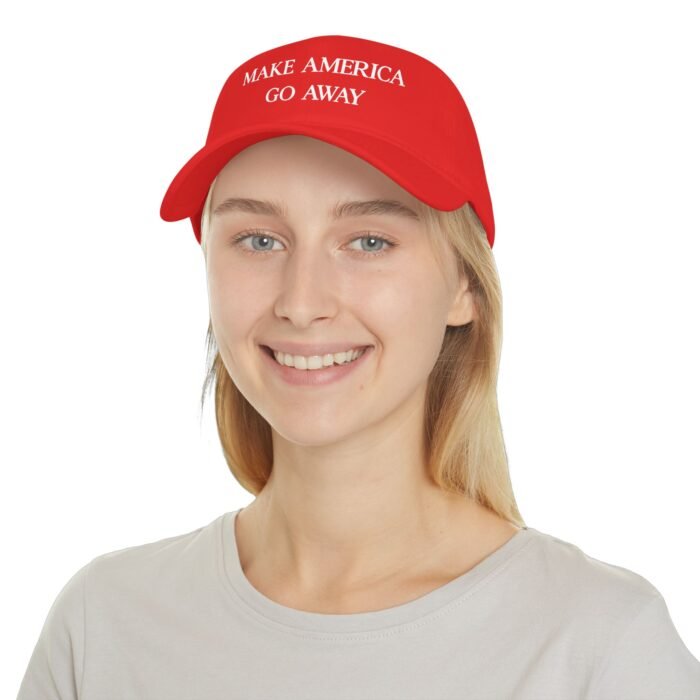 Red dad hat featuring the slogan MAKE AMERICA GO AWAY in white serif font, trending political satire apparel."