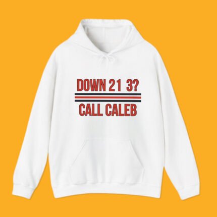 Down 21-3? Call Caleb" graphic printed on a grey pullover hoodie, flat lay on yellow background.