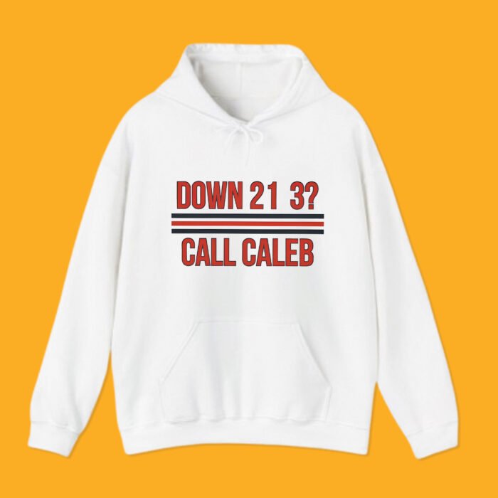 Down 21-3? Call Caleb" graphic printed on a grey pullover hoodie, flat lay on yellow background.
