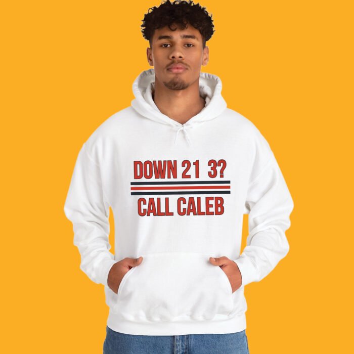 Down 21-3? Call Caleb" graphic printed on a grey pullover hoodie, flat lay on yellow background.
