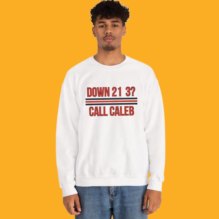 Close-up of the "Call Caleb" typography design on a navy blue crewneck sweatshirt showing print quality.