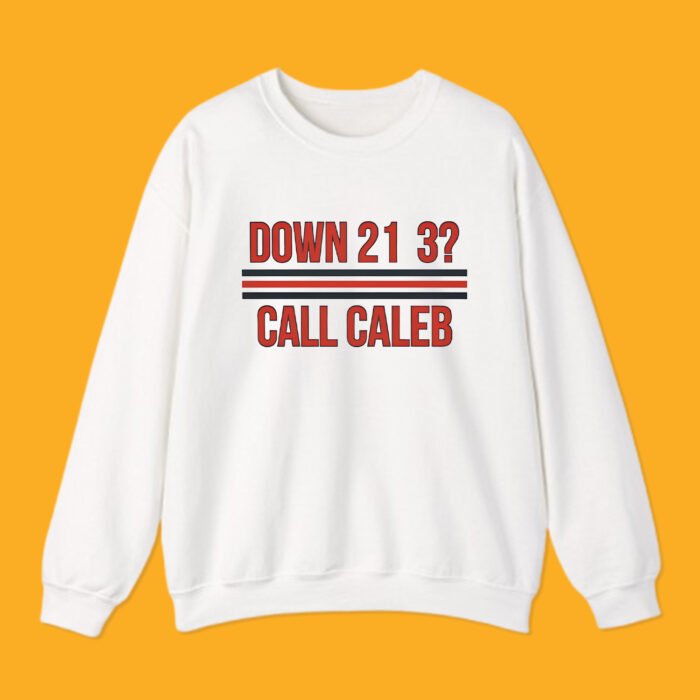 Close-up of the "Call Caleb" typography design on a navy blue crewneck sweatshirt showing print quality.