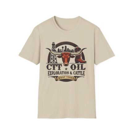 CTT Oil Exploration and Cattle West Texas graphic printed on a sand-colored unisex t-shirt, featuring an oil derrick and longhorn steer illustration."