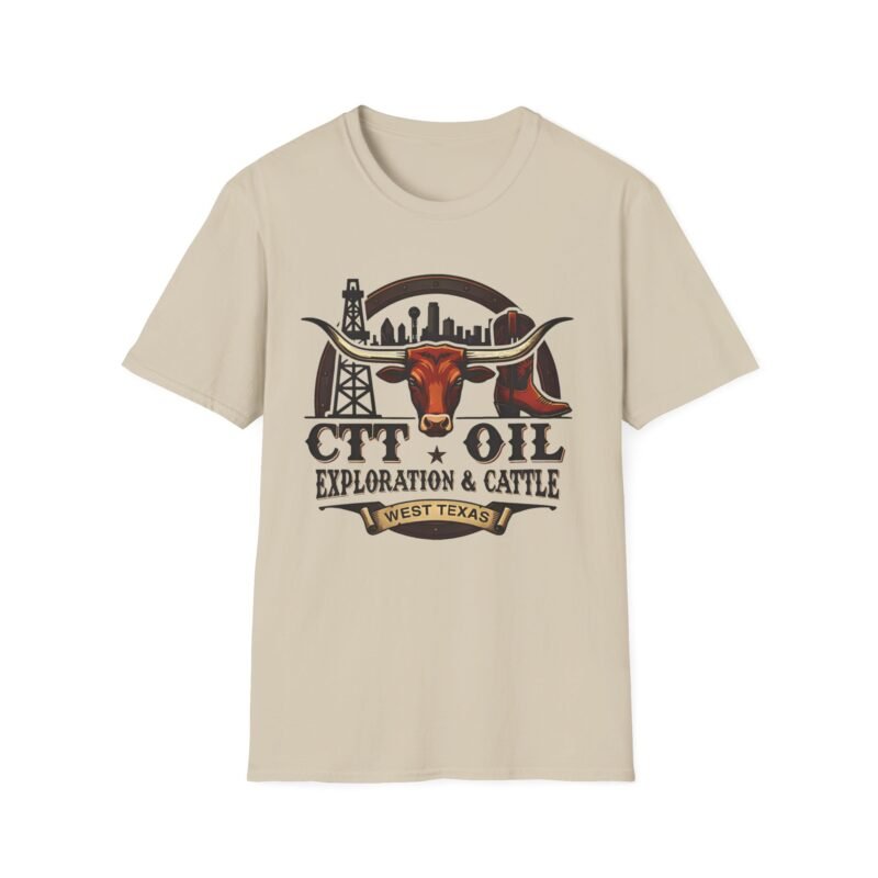 CTT Oil Exploration and Cattle West Texas graphic printed on a sand-colored unisex t-shirt, featuring an oil derrick and longhorn steer illustration."