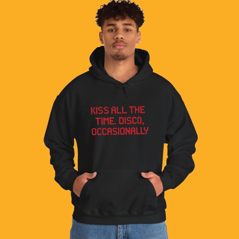 Kiss All The Time Disco Occasionally Shirt 2 Black pullover hoodie featuring the viral "Kiss All The Time Disco Occasionally" red digital text design, flat lay view.