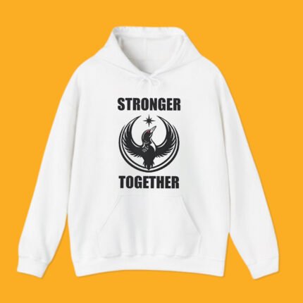 Front view of Minnesota Rebel Alliance Strong Together Hoodie in white with black loon crest.