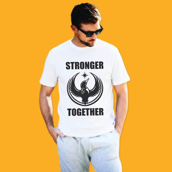 Unisex white t-shirt featuring Minnesota Stronger Together Rebel Alliance loon graphic.