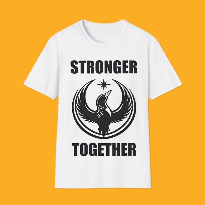 Unisex white t-shirt featuring Minnesota Stronger Together Rebel Alliance loon graphic.