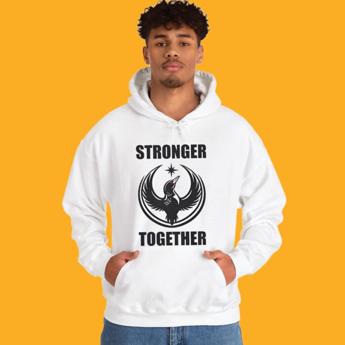 Front view of Minnesota Rebel Alliance Strong Together Hoodie in white with black loon crest.