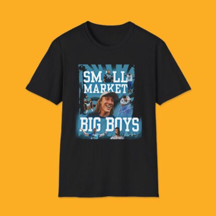 Black unisex t-shirt featuring "Small Market Big Boys" slogan in teal and white text with a collage of Trevor Lawrence and Jacksonville football players.