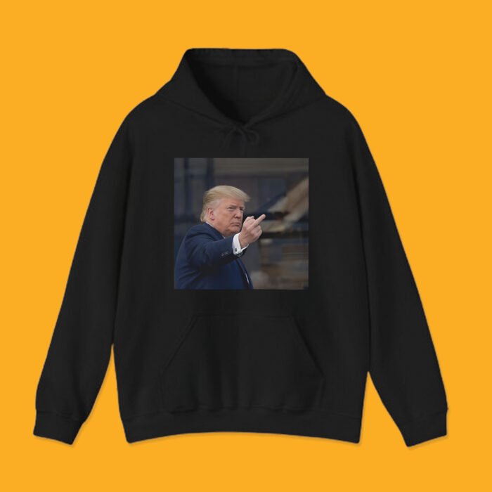 lack hoodie featuring viral meme of Trump giving the middle finger at Ford plant.