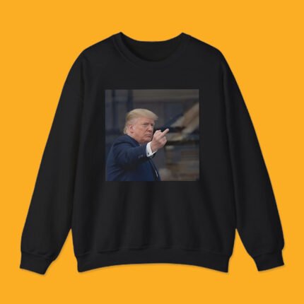 Crewneck sweatshirt with graphic of Donald Trump unscripted middle finger gesture 2026.