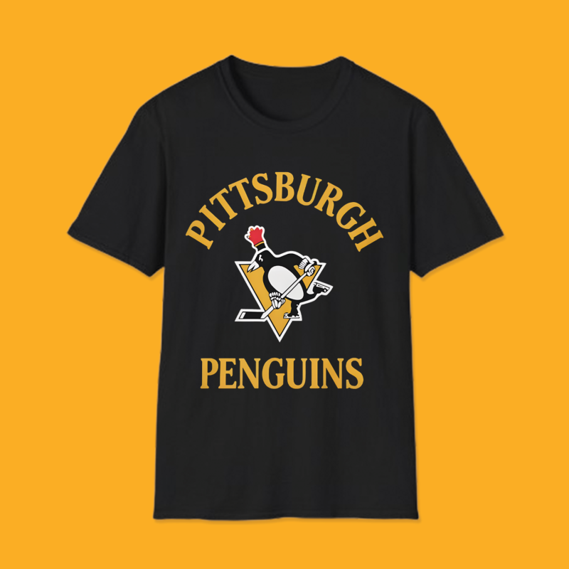Pittsburgh Penguins vintage hockey logo graphic on unisex black t-shirt
