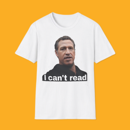 White unisex hoodie displaying a graphic portrait of a man alongside the funny quote "I can't read" in bold text.