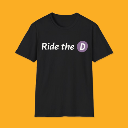 Black unisex crewneck sweatshirt showing the text "Ride the D" ending with a purple circle containing the letter D.