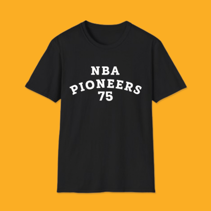 Black pullover hoodie displaying the white athletic text "NBA PIONEERS 75" on the front.
