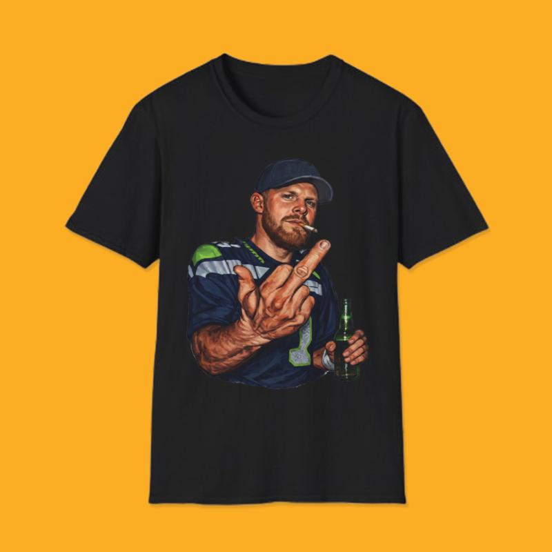 Black hoodie featuring a painted graphic of a Seattle sports fan in a blue jersey flipping the middle finger while smoking and holding a green beer bottle.