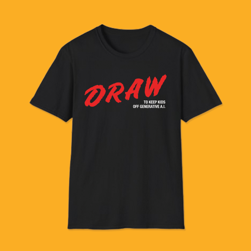 Black t-shirt featuring the text 'DRAW' in large, red, brush-stroke letters, followed by the slogan 'TO KEEP KIDS OFF GENERATIVE A.I.' in smaller white sans-serif text