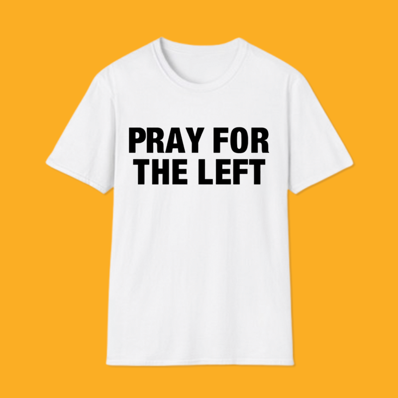 Young man wearing a white "Pray For The Left" bold text hoodie against a yellow background.