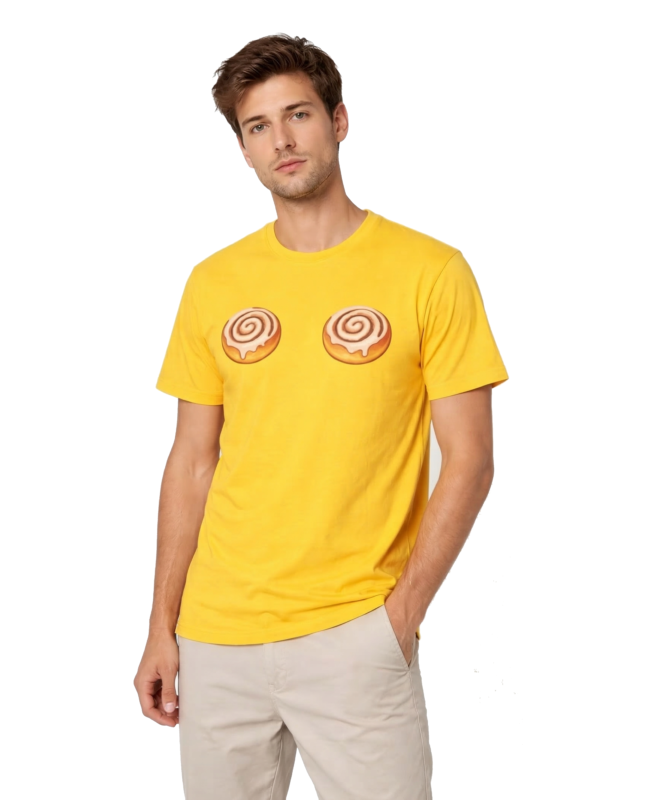 Harry Styles The Cinnamon Roll Shirt 1 A person wearing a yellow unisex t-shirt featuring a graphic of two frosted cinnamon rolls placed strategically on the chest.