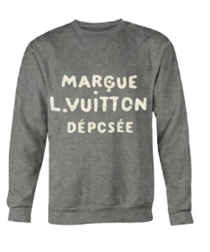 Grey unisex t-shirt featuring a funny bootleg luxury parody logo with hand-drawn, wonky white text that reads MARGUE L.VUITTON DÉPCSÉE.