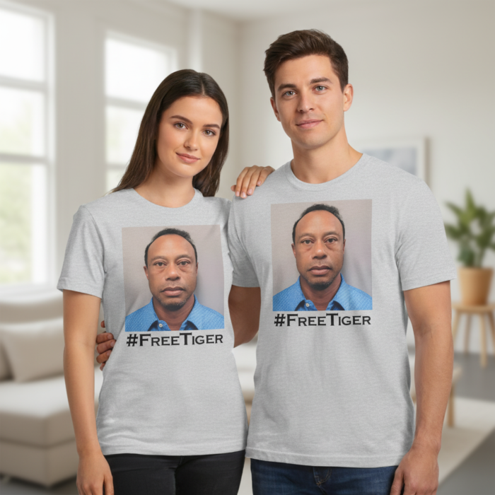 Streetwear enthusiast wearing the viral Free Tiger arrest photo tee.