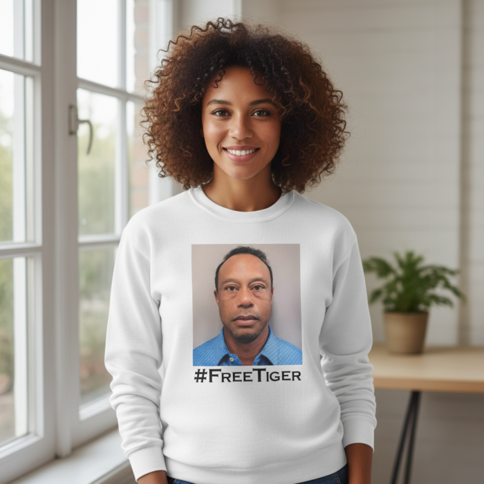 Model wearing Free Tiger Mugshot Shirt in a casual streetwear style.