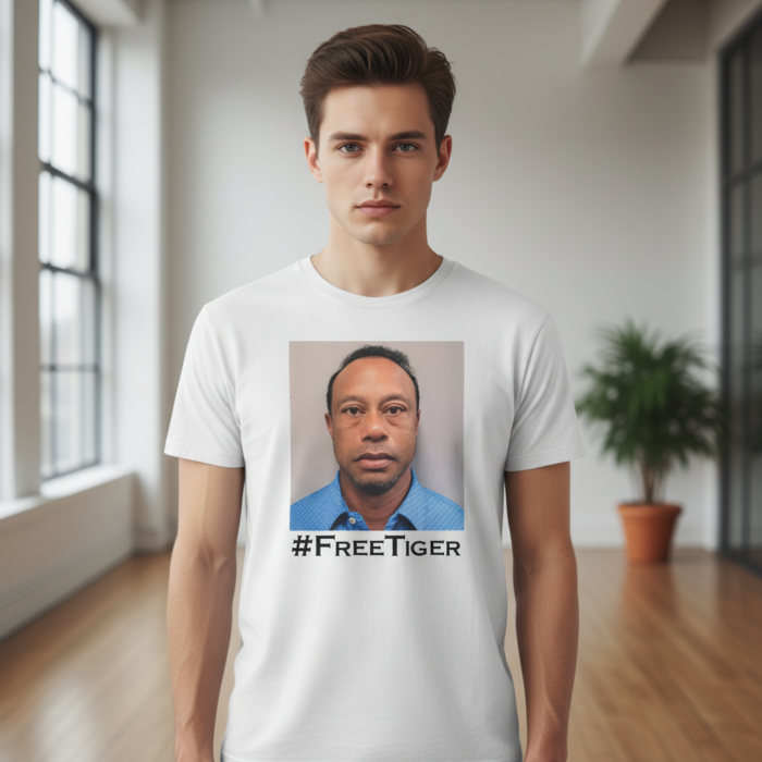 Trending TikTok Free Tiger Mugshot graphic t-shirt for men and women.