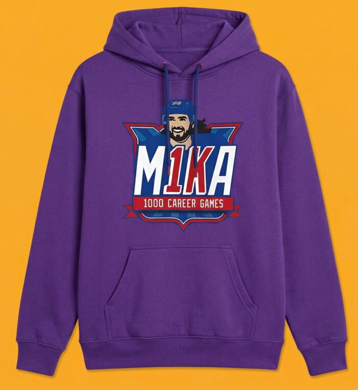 "A custom sports graphic featuring a stylized illustration of hockey player Mika Zibanejad in a blue helmet. Below him, the text 'M1KA' is written in large block letters with a red '1'. A red ribbon at the bottom reads '1000 CAREER GAMES' against a blue and red shield backdrop."